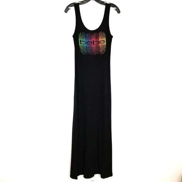 bebe Dresses & Skirts - Bebe Women Tank Maxi Dress Sz S  Black Stretch Multicolor Logo Pull Over Y2K